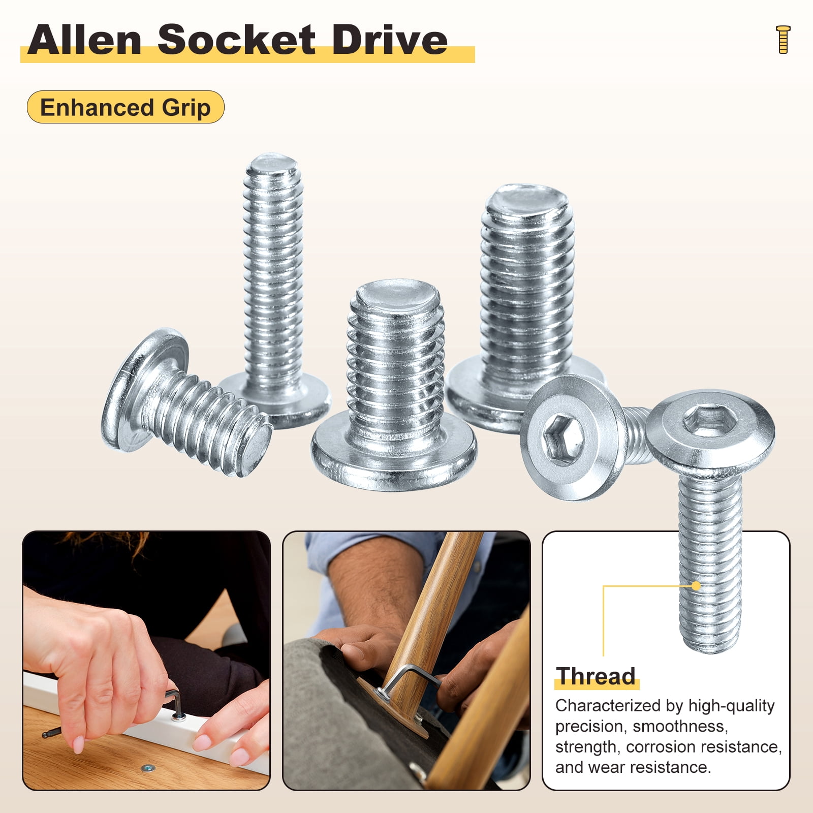 Furniture Connector Bolt Cap Nut Kit with Wrench(M6-1x40/50/60/70/80mm) 36Pcs, Connector Bolt M6 Countersunk Screw Barrel Nuts Binding Screws, for Chair Cabinet Bed, Yellow
