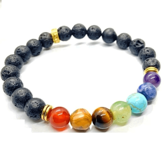 Natural 7 Chakra Stone & Black Lava 8mm Round Shape Smooth Cut Beads Stretchable Bracelet for Men & Women.