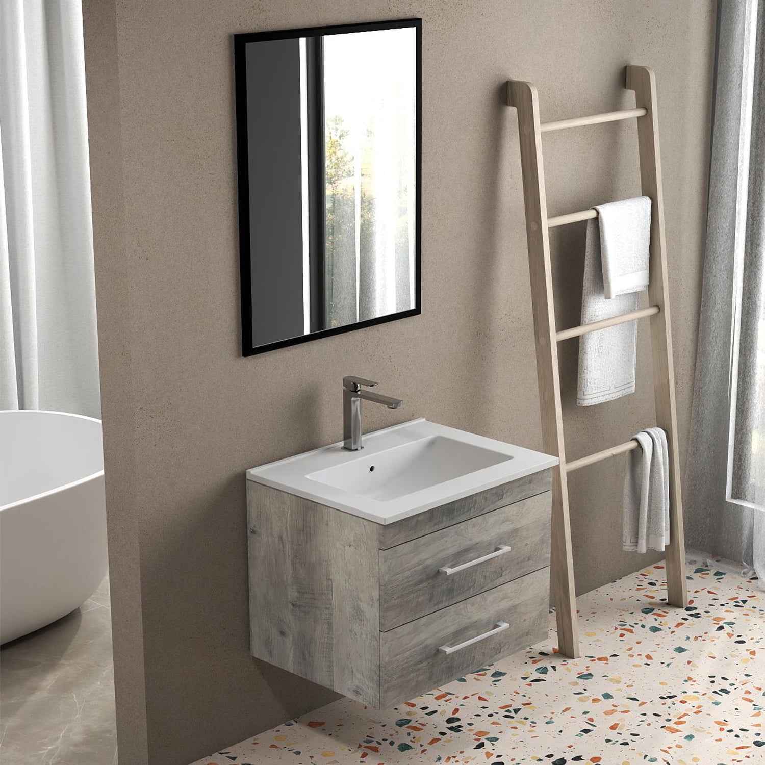 Demi Bonn 32" Wood Grain Wall-Mounted Bathroom Vanity with Ceramic Sink, 2 Soft-Close Drawers and Aluminum Frame Mirror, Faucets and Drains Not Included, Gray