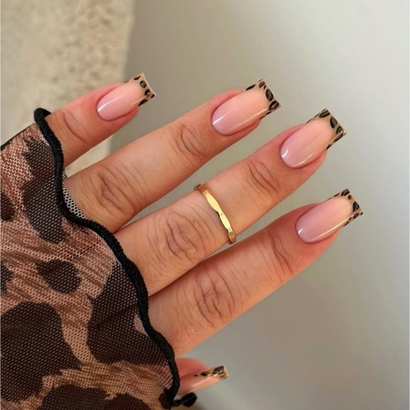 T-HOTLYST 24 Pieces French Tip Press On Nail Short Square Glossy Artificial Nail Leopard Print Acrylic False Nail For DIY Nail Art
