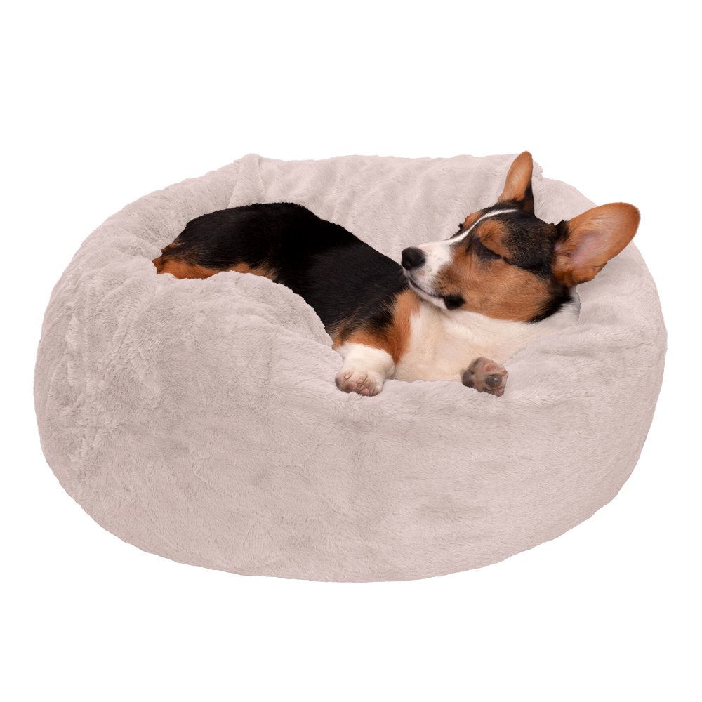 FurHaven Pet Dog Bed Round Plush Ball Pet Bed for Dogs & Cats, Shell, Medium