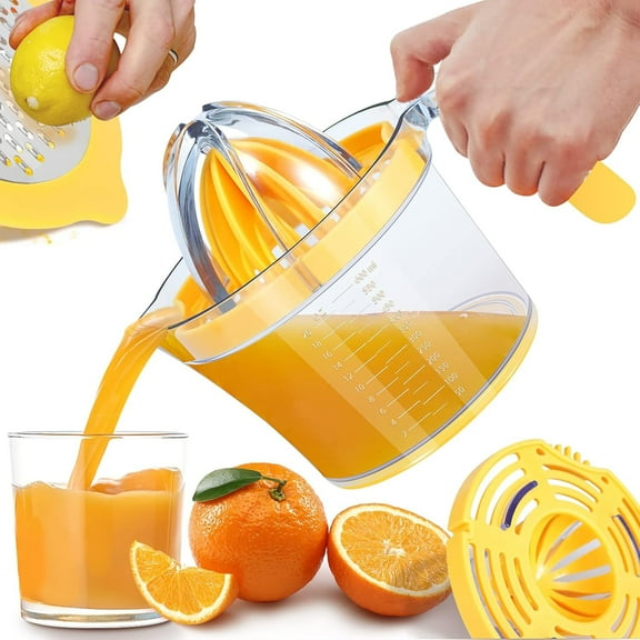 Manual Citrus Juicer for Kitchen, 21oz Hand Press Orange, Lemon, Lime Squeezer with Ergonomic Grip & Multifunctional Reamers