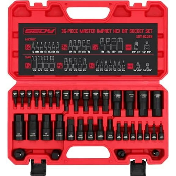 Hex Bit Impact Socket Set: 36-Piece with 4 Adapters, 1/4" 3/8" 1/2" Drive Master Allen Impact Socket Set, SAE and Metric, H5-H19 & 3/4"-5/64", Heavy Duty Storage Case, Automotive Mechanic