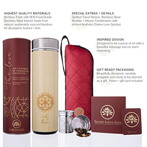 The Love Bamboo Tea Tumbler with Strainer and Infuser + Sleeve, Leak-proof  Lid. 511ml/18oz for Loose Leaf Tea, Coffee & Fruit Water Flask