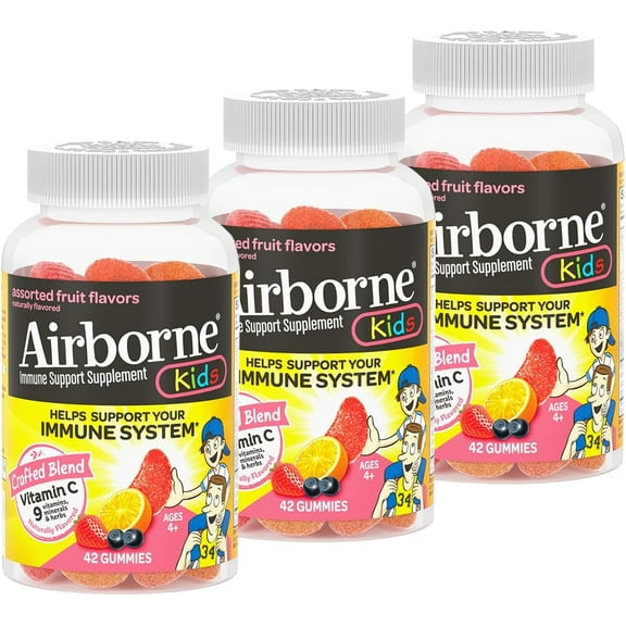 Airborne Kids Gummies Vitamin C Immune Support Supplement, Assorted Fruit Flavors, 42 ct (Pack of 3)