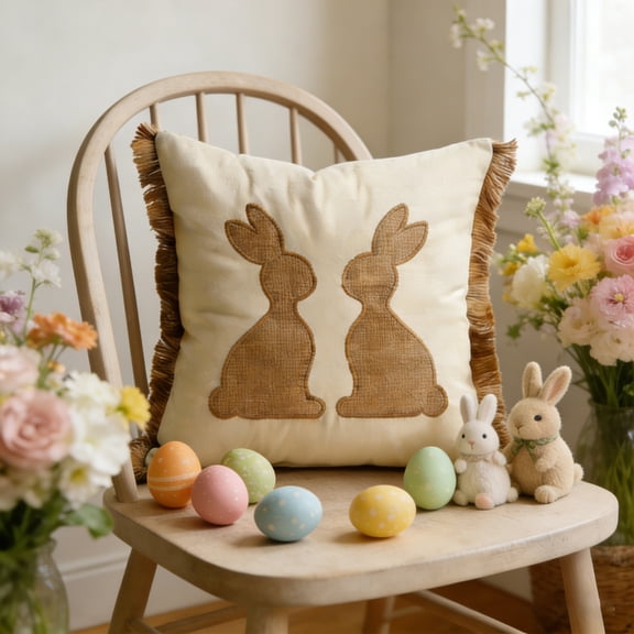 Btomtd Cotton and Linen Blend Easter 18 x 18 Pillow Covers, Embroidered Bunny Pillow Cases, Sofa and Bed Throw Pillow Covers for Home Decor, Size 18" x 18", B