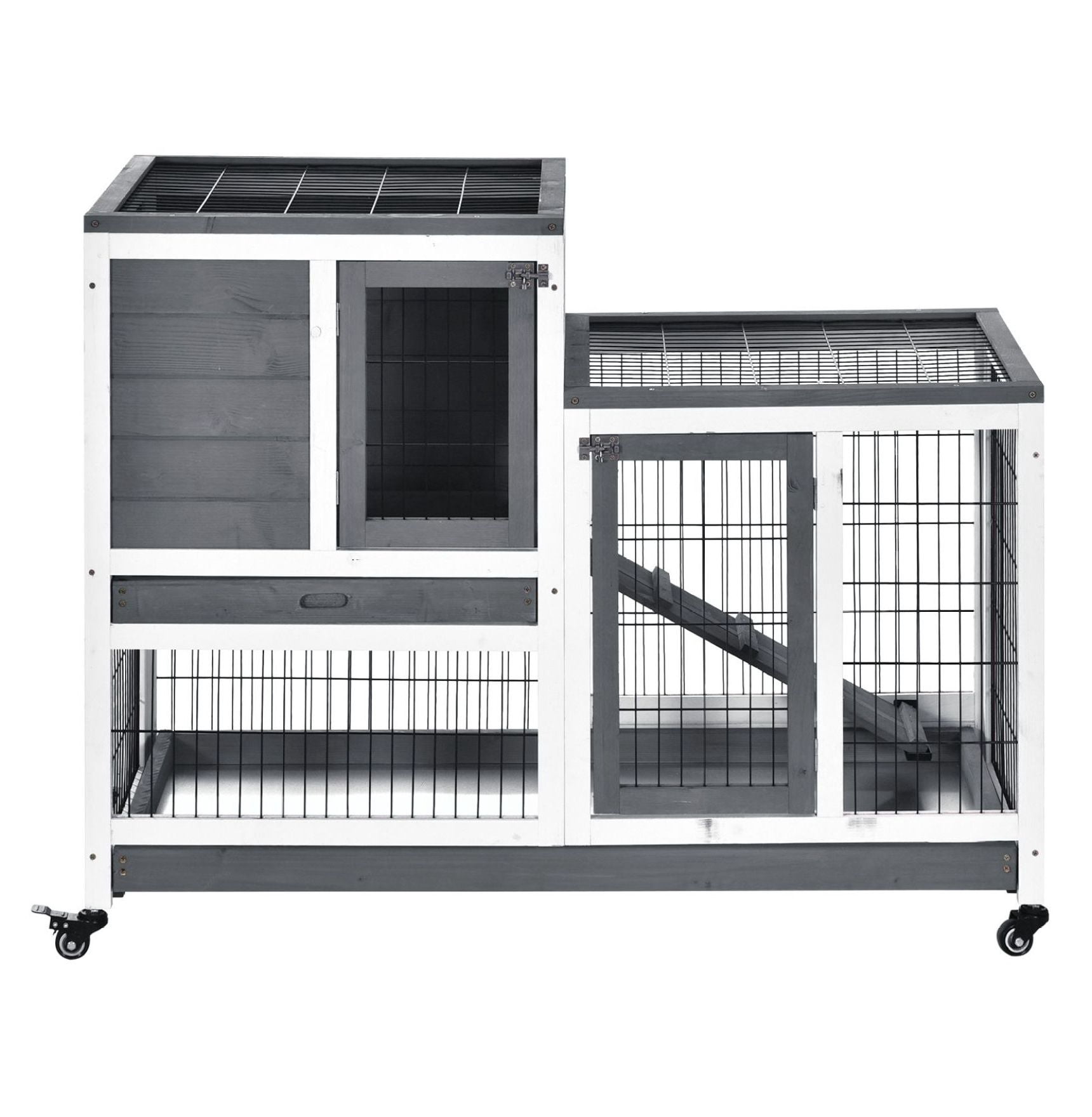 Elevated Bunny Cage Indoor Rabbit Hutch with Wheels Ramp Removable Tray for Guinea Pigs Gray
