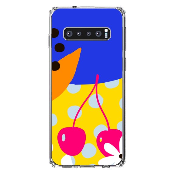 DistinctInk Clear Shockproof Hybrid Case for Samsung Galaxy S10  PLUS(6.4" Screen) - TPU Bumper, Acrylic Back, Tempered Glass Screen Protector - Summer Vibes Bold Flower Chery Pink Yellow