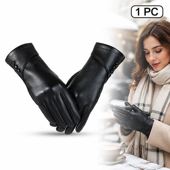 Winter Touchscreen Gloves for Women, Warm Lined PU Leather Gloves with Conductive Fingertips, Windproof Thermal Driving Cycling Gloves (Black)