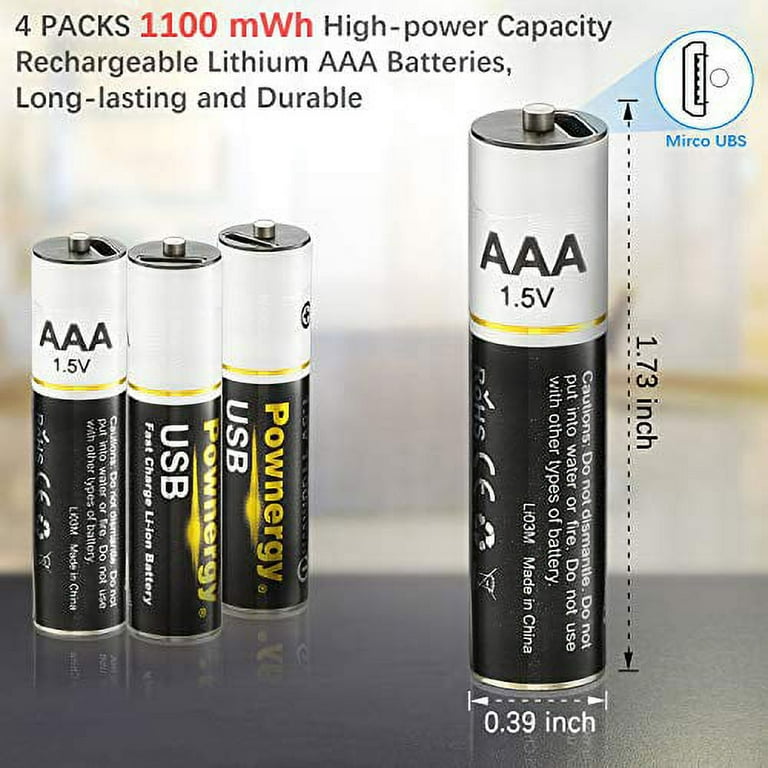 Rechargeable Lithium AAA Batteries 4Packs, 1100 mWh Rechargeable AAA  Battery Constant Output 1.5V Li-ion AAA Battery, 2H Fast Charge with USB  Cable