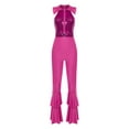 thumbnail image 3 of Womens Dance Leotard Shiny Rhinestone O-Ring Front Tiered Bell-Bottom Bodysuit for Disco Party HotPink XL, 3 of 7