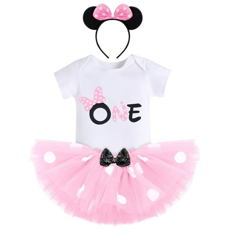 

IMEKIS Mouse 1st Birthday Outfits Baby Girls Romper Polka Dots Mini Tutu Skirt Headband Cake Smash Photoshoot Princess First Mouse Themed Party Supplies 1T Pink - One