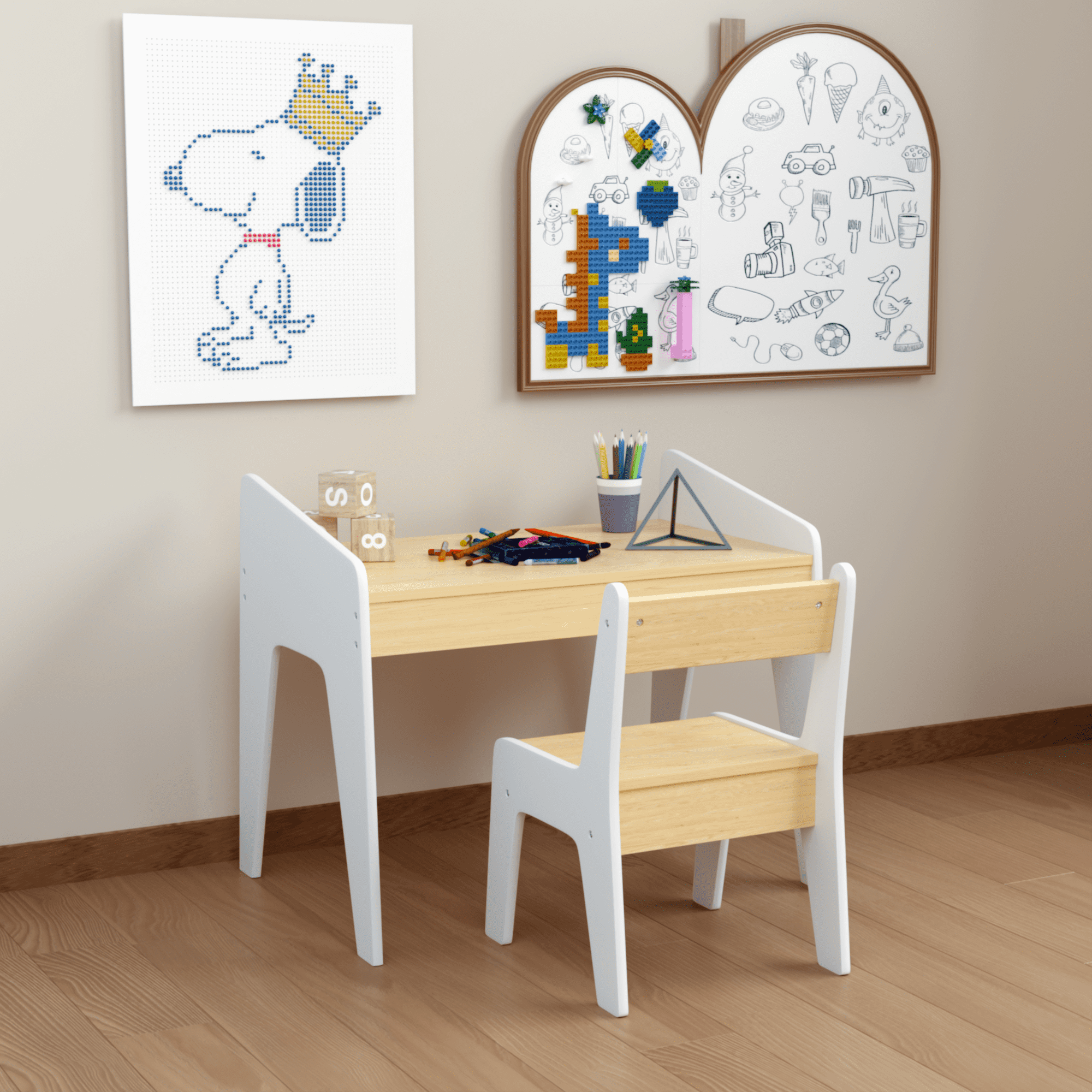 Kids Table Set with One Chair Wooden Children Study Table 2-8  Age Kids Funiture  White+Natural