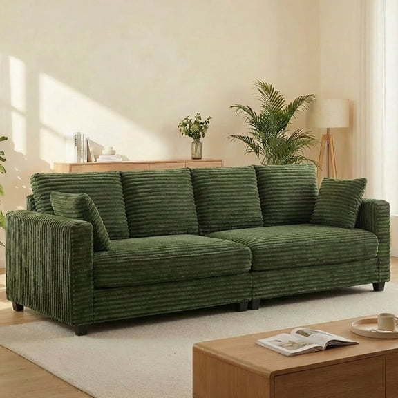 IPKIG 106-inch Oversized Corduroy Cloud Couch, 4-Seater Modular Sleeper Sofa with Thick Cushions and Storage in Green Fabric