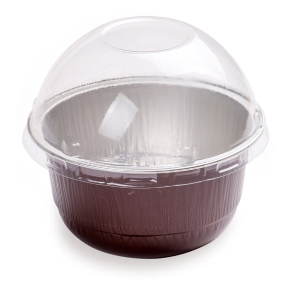 Pastry Tek 5 oz Round Coffee Aluminum Baking Cup - with Plastic Dome Lid - 3 1/4" x 3 1/4" x 1 3/4" - 100 count box