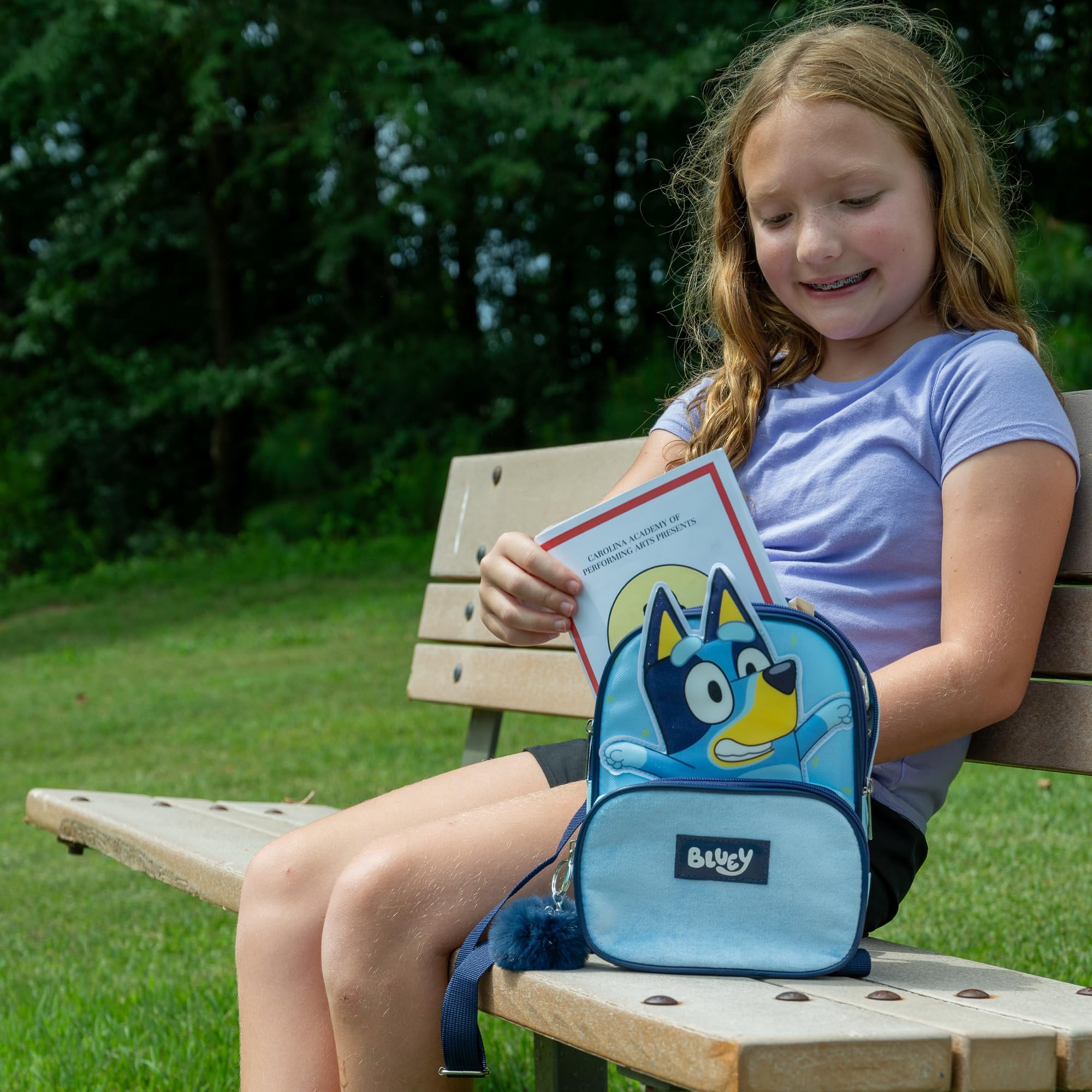 Bluey 9” Micro Mini Backpack Purse Featuring a 3D Bluey Glitter Patch with Pom Pom Dangle, Blue