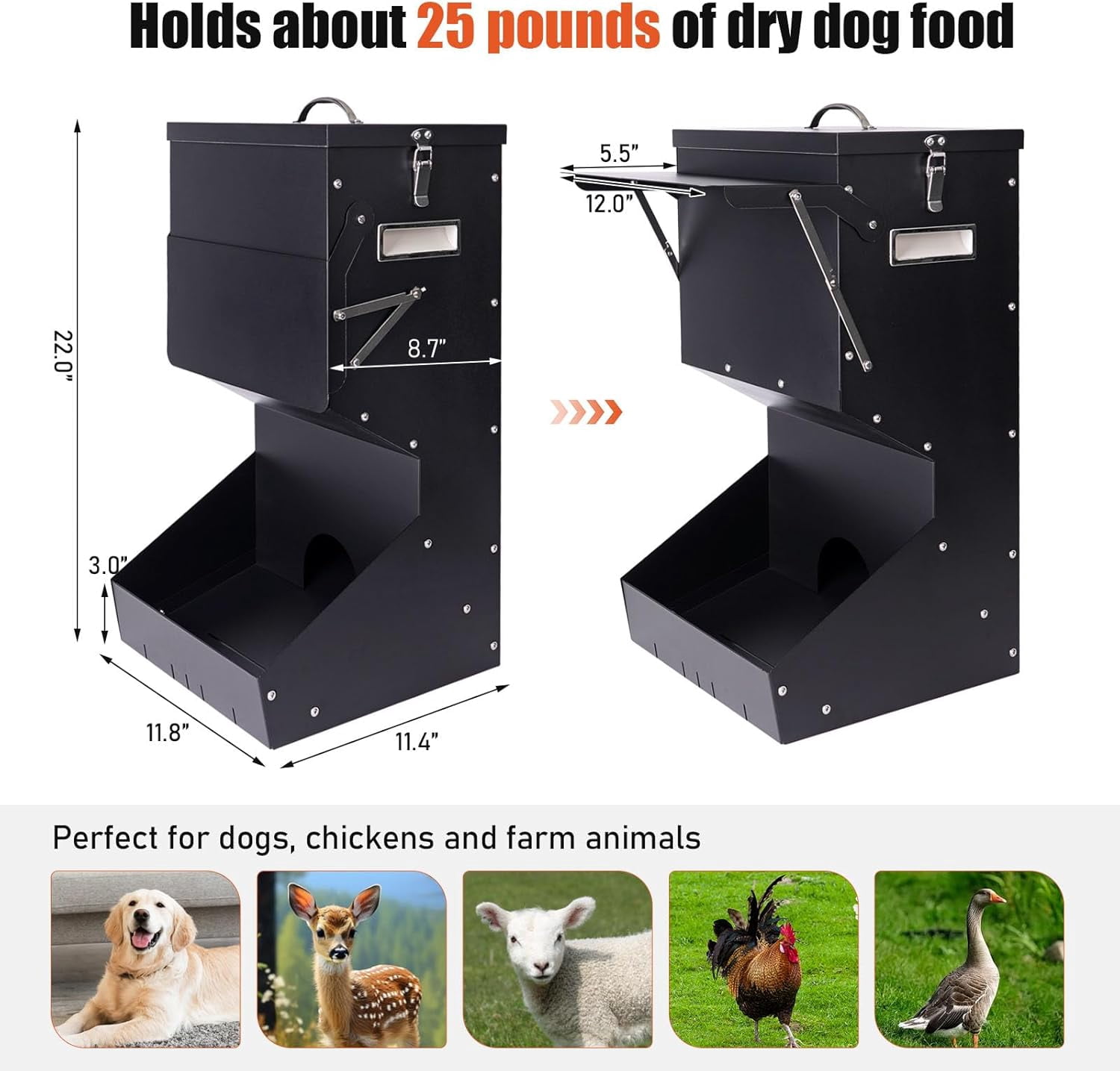Outdoor Automatic Dog Feeder Large Breed 25 lbs, Galvanized Gravity Feeder for Dogs Metal Self Feeding Dog Food Dispenser Hanging Pet Food Feeders for Dogs Chickens and Farm Animals