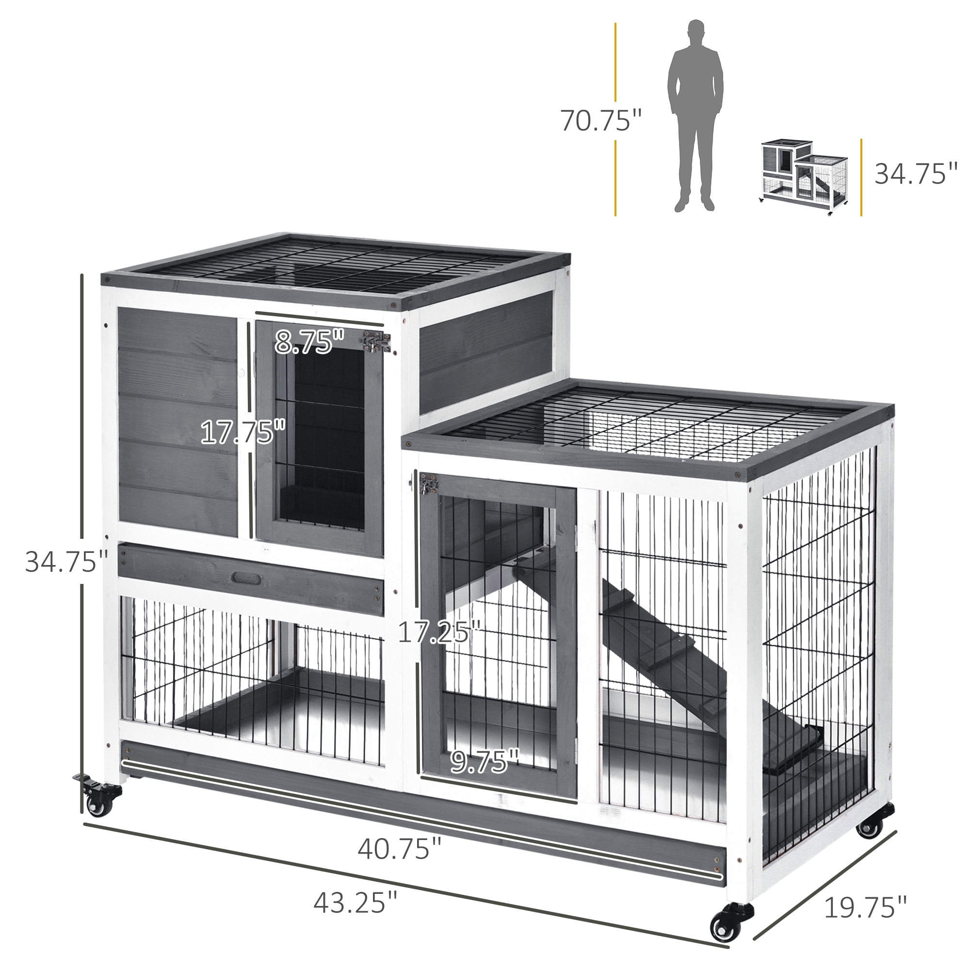 Noaman PawHut Wooden Rabbit Hutch Elevated Bunny Cage Indoor Small Animal Habitat with Enclosed Run, Wheels, Ramp, Removable Tray Ideal for Guinea Pigs, Grey, 43.5in L x 8.7in W x 24.8in H