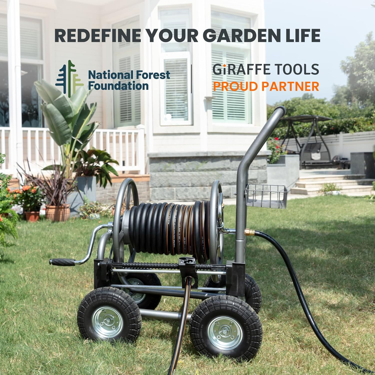 Giraffe Tools Heavy Duty Industrial Garden Hose Reel Cart with Wheels, 5/8in-250ft Hose Capacity
