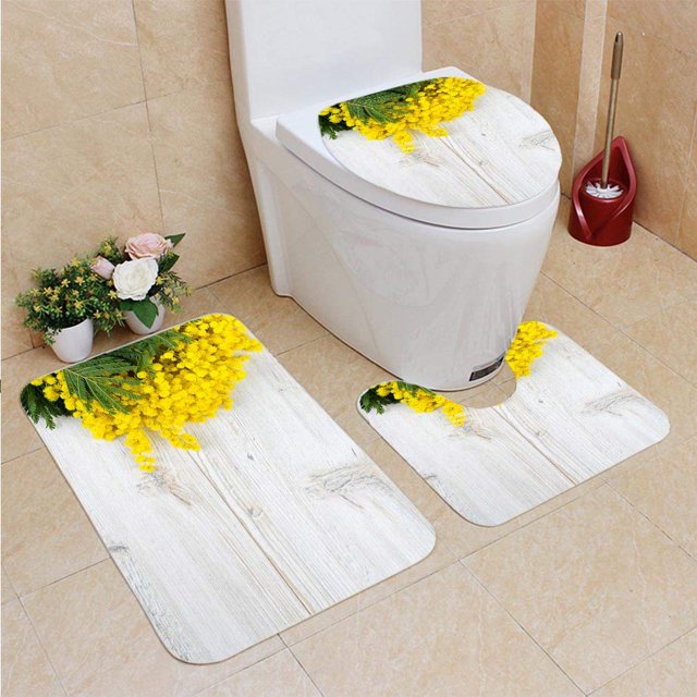 ABPHQTO Madera Mimosa Juego de alfombras de baño de 3 piezas Alfombra de baño Alfombra de contorno y tapa de inodoro
