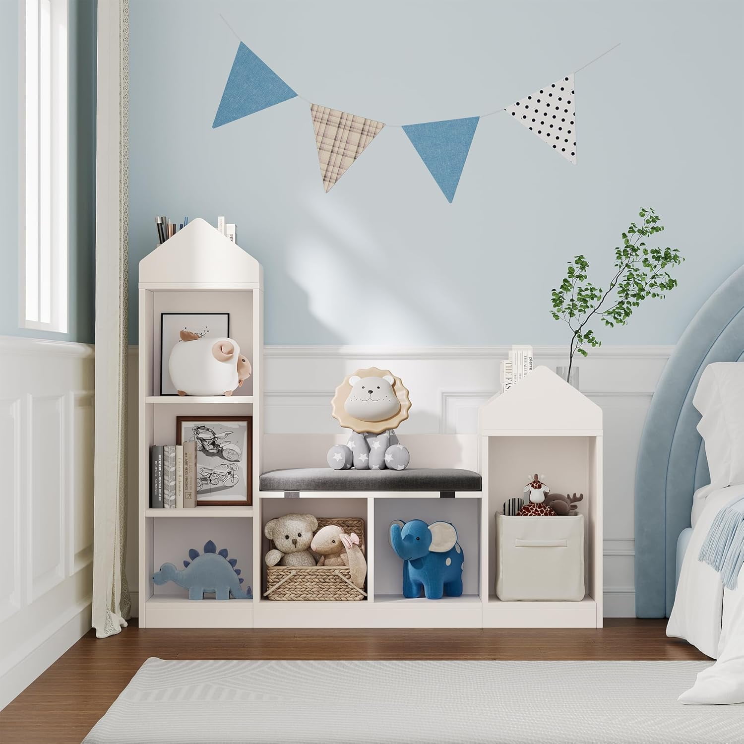 CABIHOME Kids Bookshelf with 6-Cubby Toy Storage Organizer and Seat Cushion – Durable Wooden Bookcase with Roof-Shaped Top for Playroom Bedroom Study Living Room White