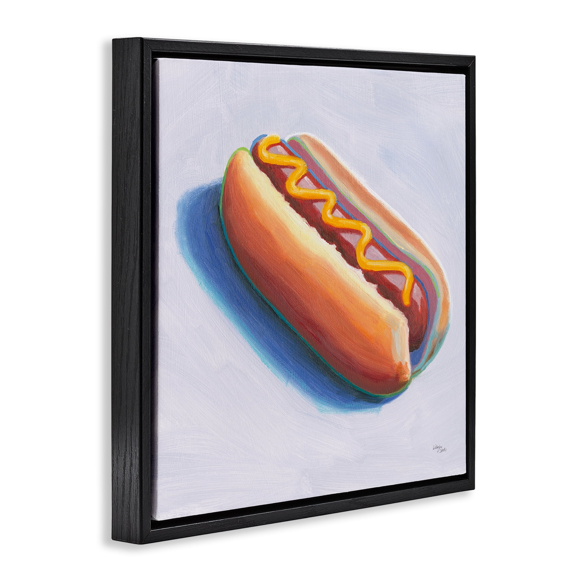 Stupell Industries Hot Dog with Mustard Food & Beverage Painting Black Floater Framed Canvas Art Print Wall Art, 18 x 18
