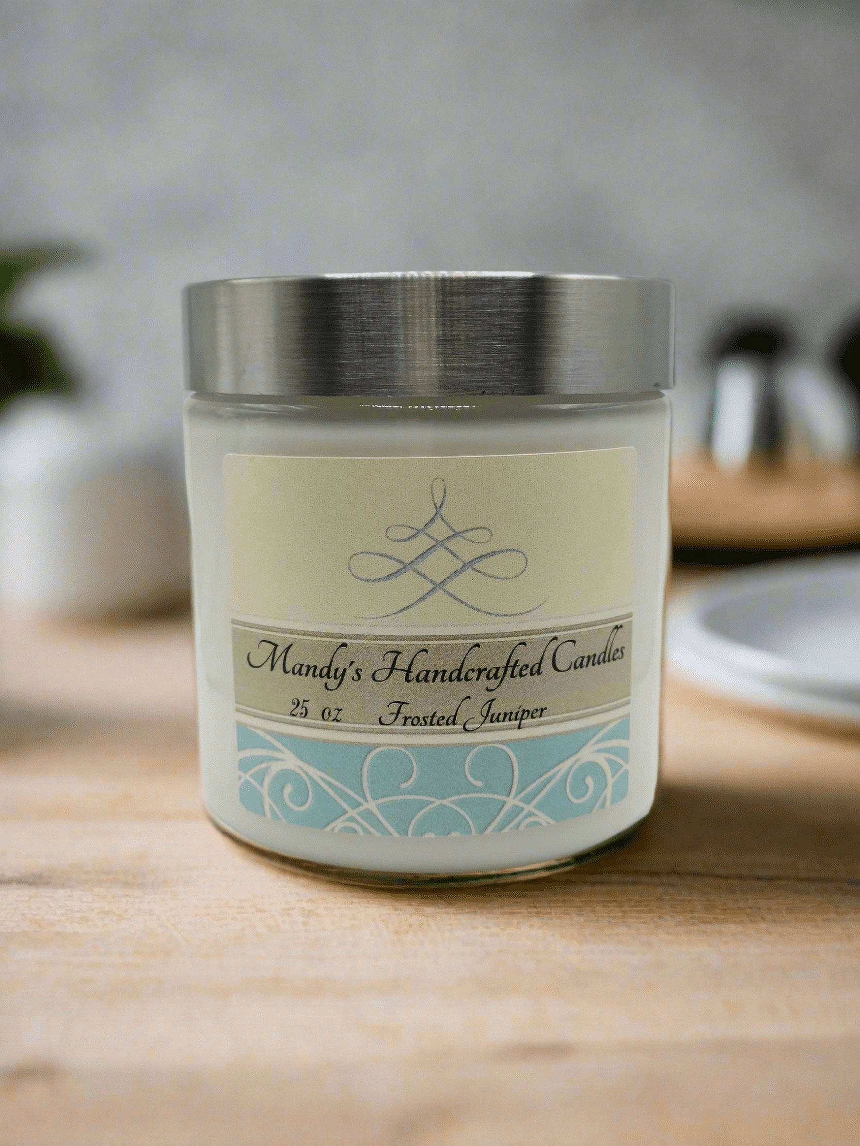 Mandy's Candles Round Clear Glass Candle, 25oz, Frosted Juniper Scented, with Crackling Wooden Wick