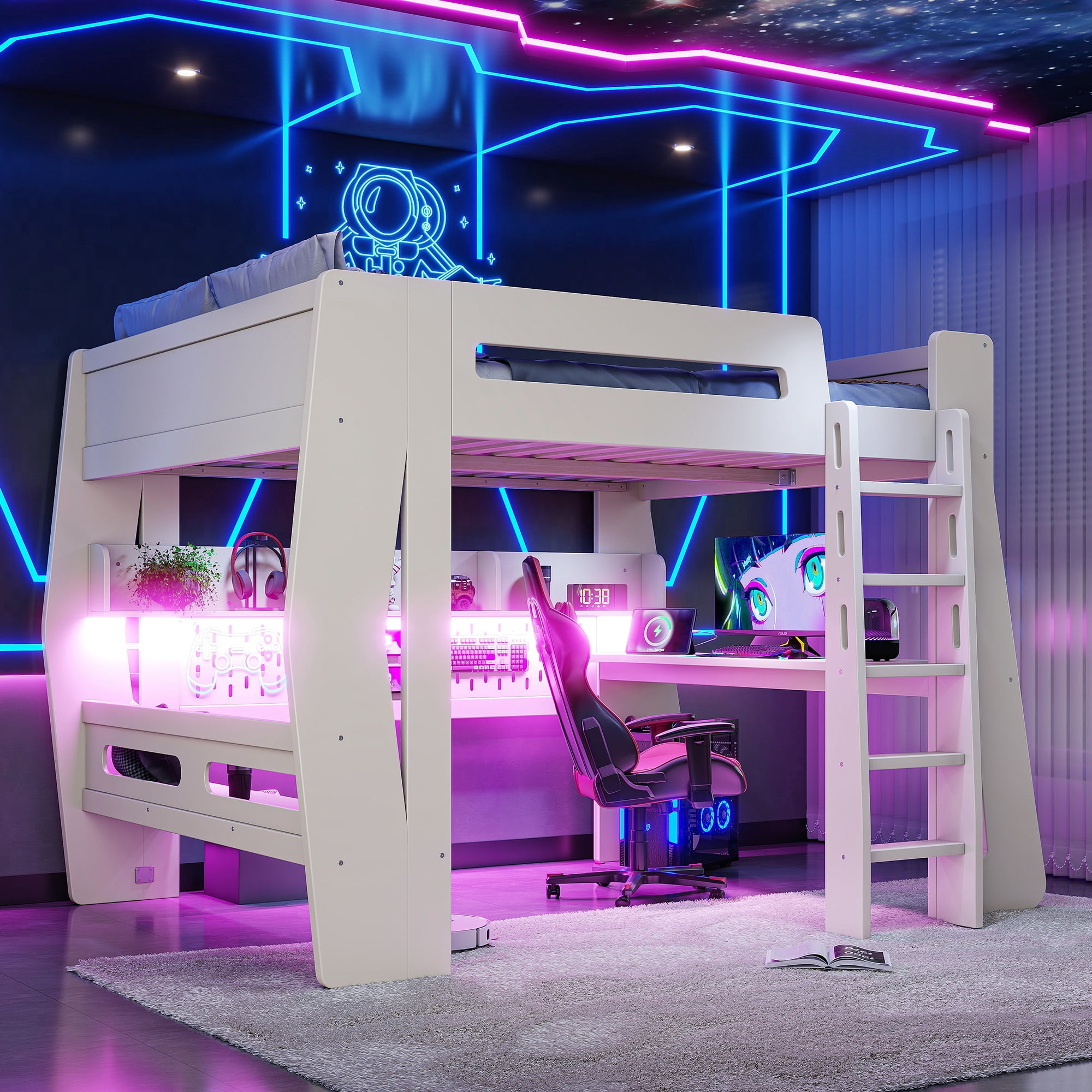 Mintazer Full Size Gaming Loft Bed with Desk & LED Ambient Light, Esports Loft Bed with Storage Shelves & Power Outlet for Teens Bedroom, Beige