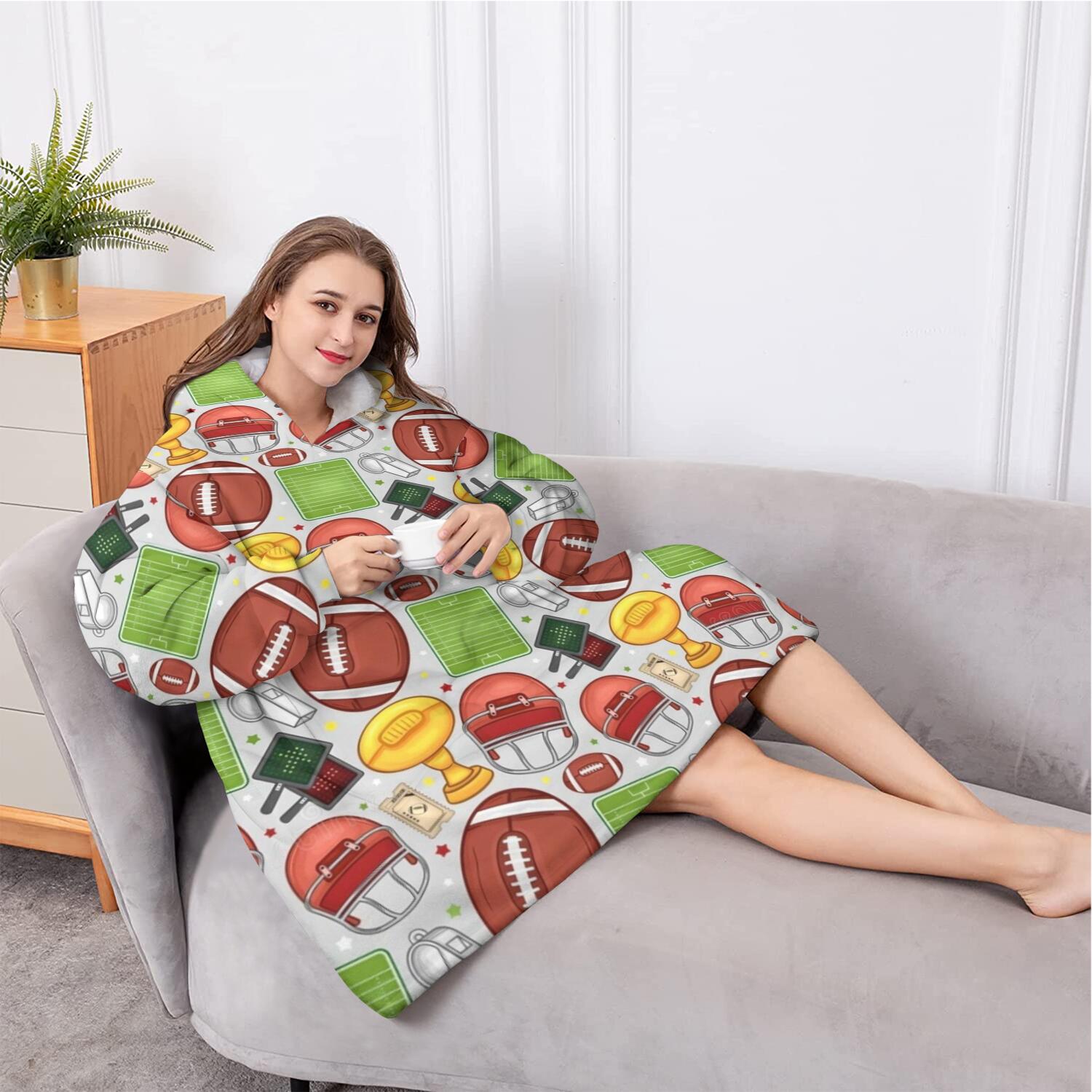 Oversized Wearable Blanket Hoodie,Gray Football Elements Pattern Sherpa Blanket Hoodie with Super Pockets,Super Warm Fuzzy Pullover for Women & Men