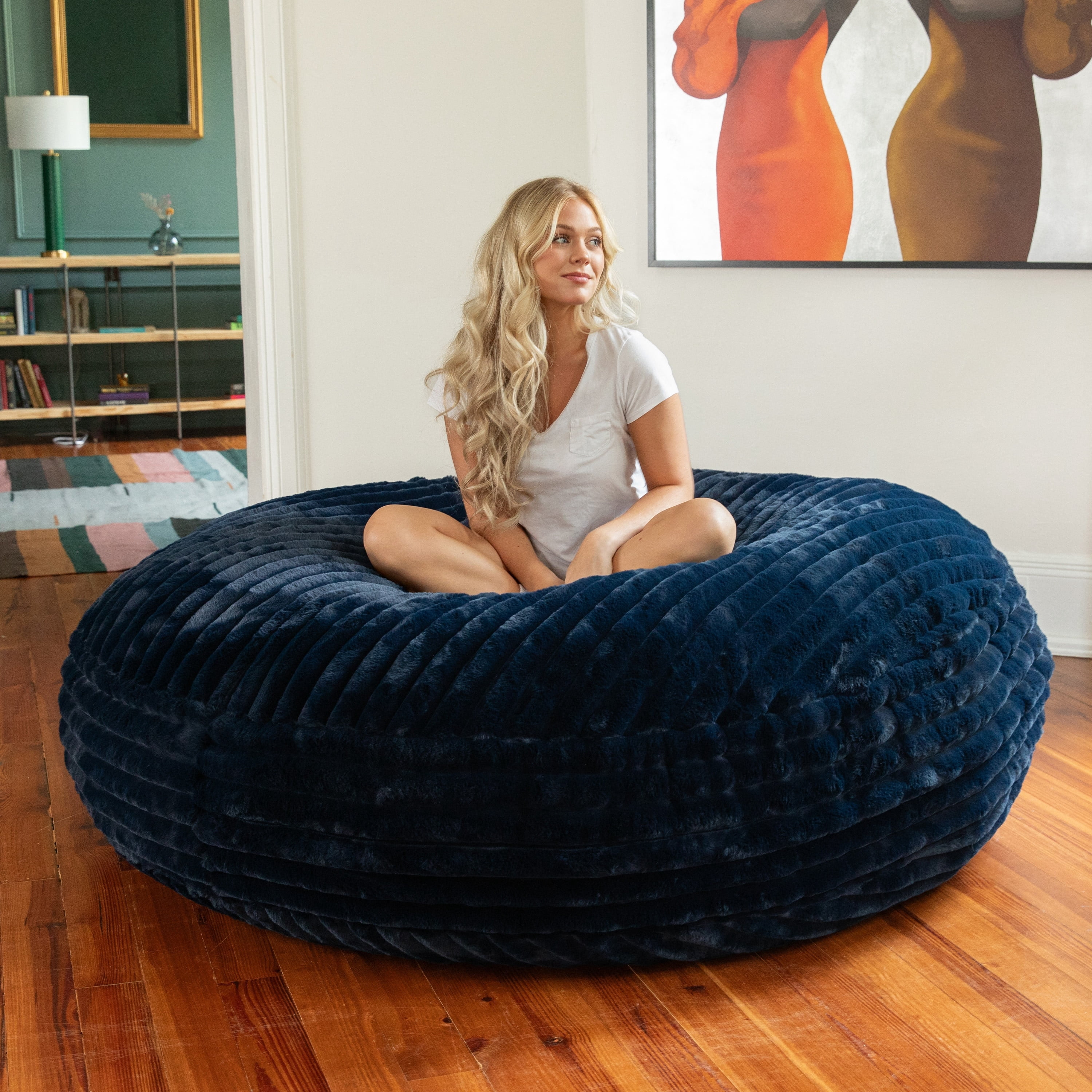 Jaxx 6 Foot Cocoon - Large Bean Bag Chair for Adults, Premium Luxe Faux Fur - Mondo Midnight Blue
