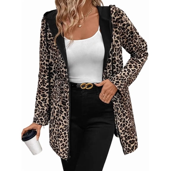 Katigan Women'S Reversible Hooded Casual Coat Full Zip Up Windbreaker Two - Sided Jacket Leopard Print L