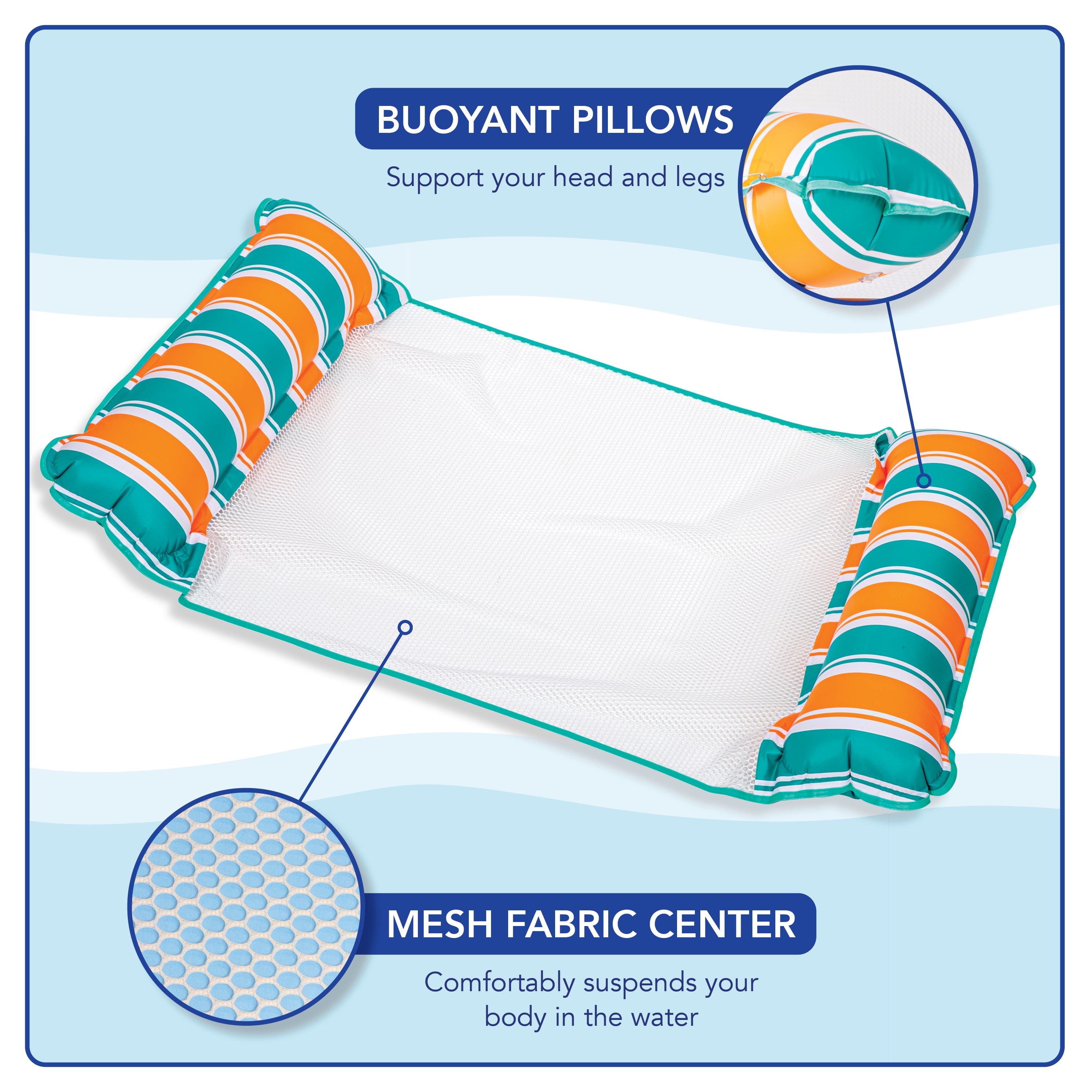 (3 pack) Aqua-Leisure 4-in-1 Monterey Hammock Pool Float, Teal/Orange Stripe, 250 lb Capacity