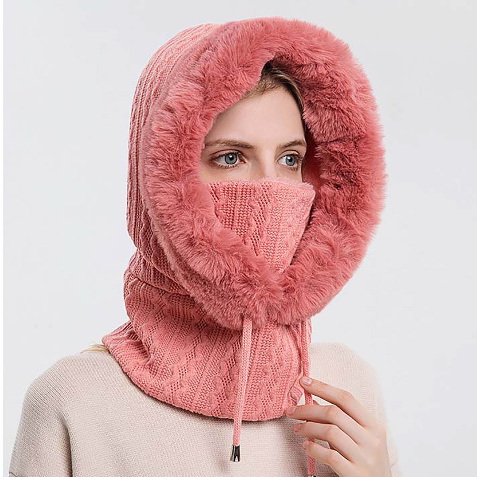 GPOECD Winter Thermal Hooded Face for Women Outdoor Ski Riding Cold Weather Protective Headgear with Integrated Bib Red,One Size