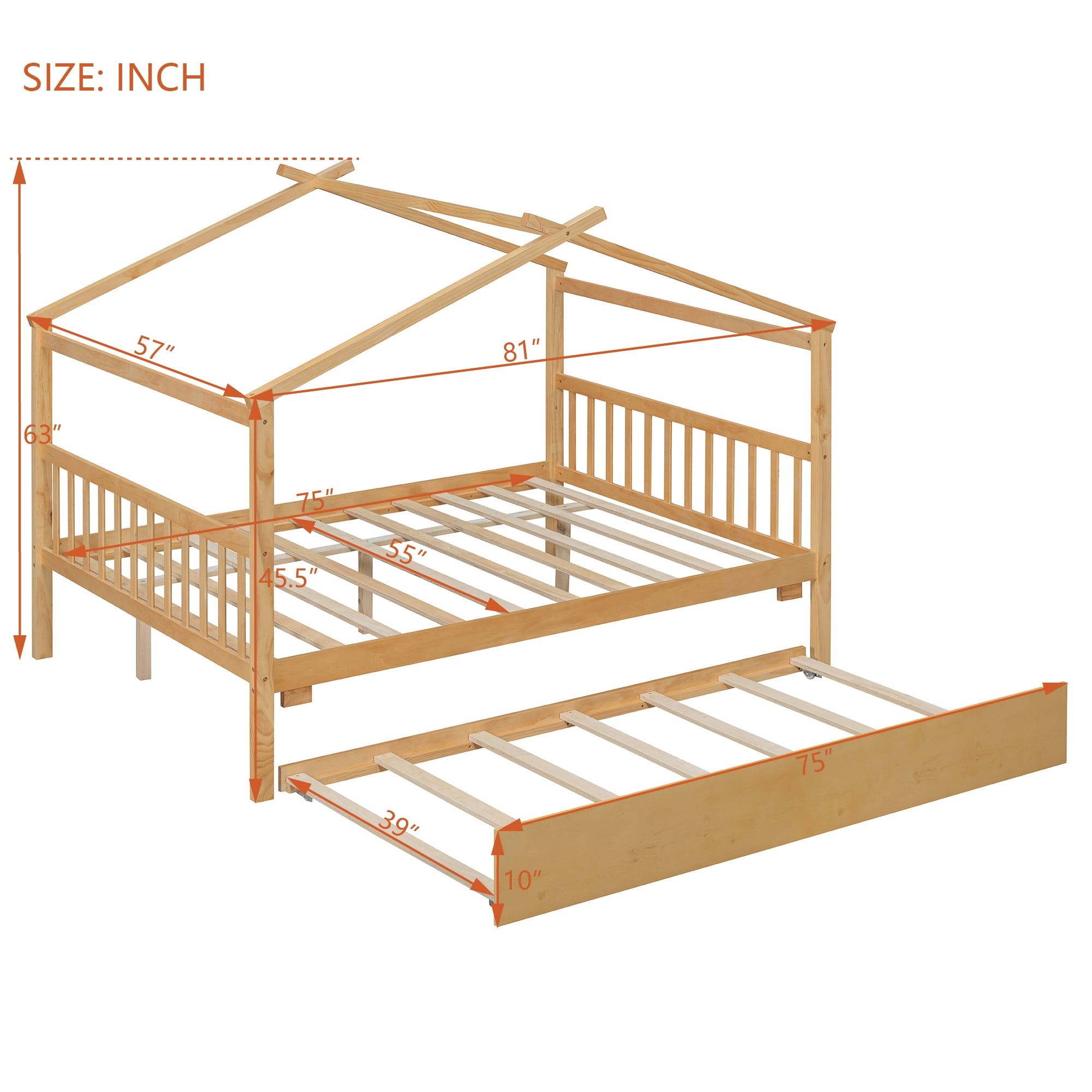 Sailvan Full Size Wooden House Bed with Twin Size Trundle