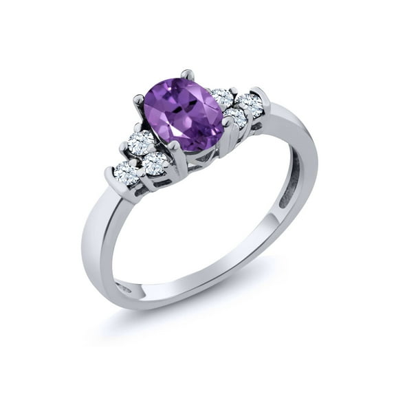 Gem Stone King 925 Sterling Silver Purple Amethyst and White Topaz Engagement Ring for Women (0.69 Cttw, Oval 6X4MM, Gemstone Birthstone, Available in Size 5, 6, 7, 8, 9)