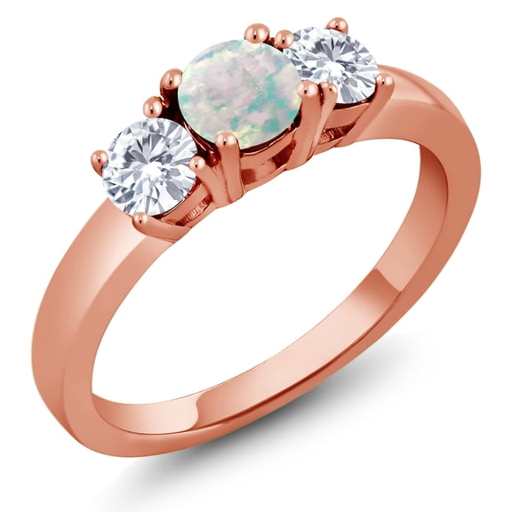 Gem Stone King 1.04 Ct Round Cabochon White Simulated Opal E-F Lab Grown Diamond 18K Rose Gold Plated Silver Ring (Size 9)
