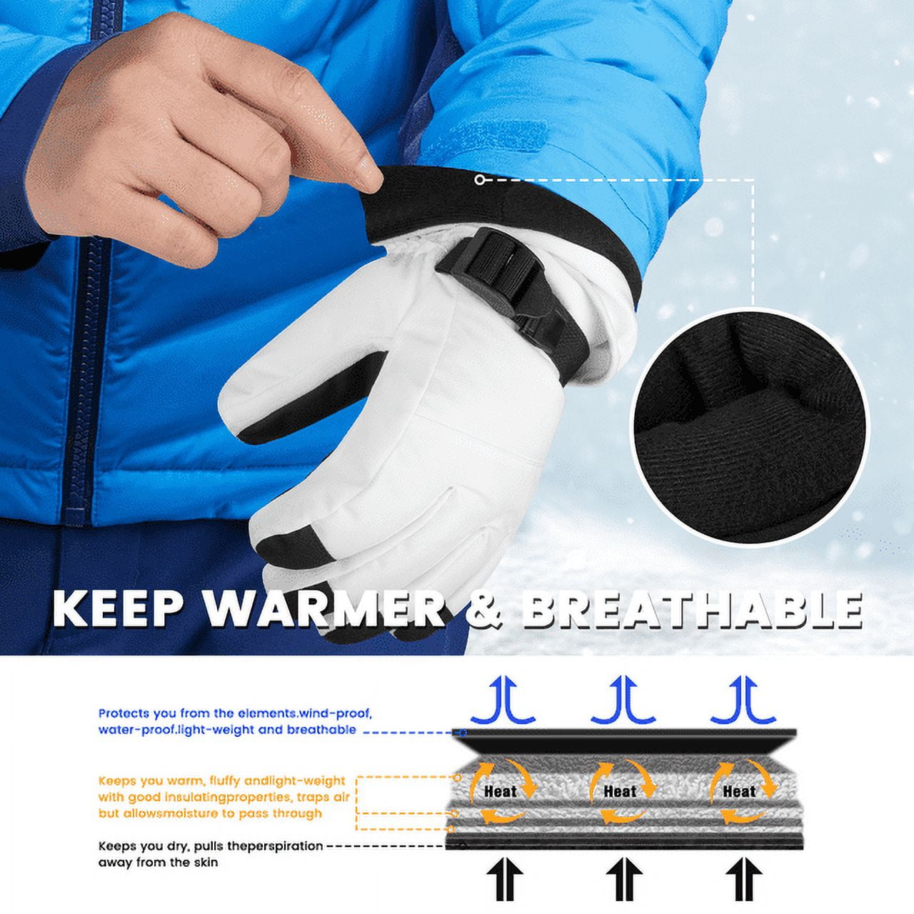 Winter Ski Gloves Warm for Men & Women, Touchscreen Snowboard Gloves with Pocket, Waterproof Snow Gloves for Cold Weather, Suitable for Driving/Cycling/Running/Hiking, White,L