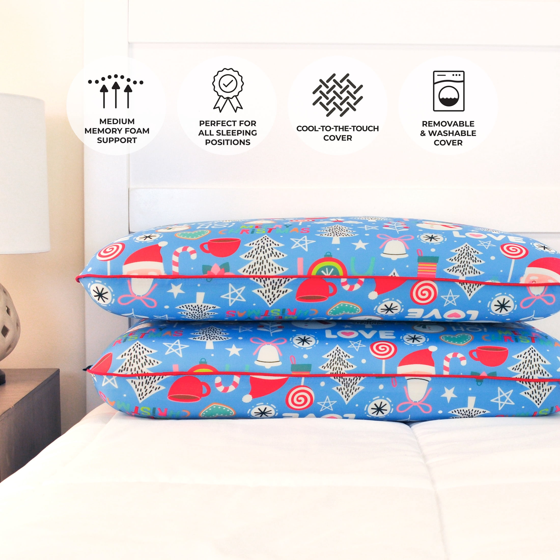Imaginarium Memory Foam Fun Pillow with Cool-to-the-Touch Cover, Standard/Queen, 2-Pack, Holly Jolly Blue