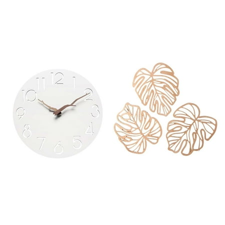 1 Piece Wall Clock Palm Leaves Plaque Wood Decor Silent Movement Modern Style for Bedroom Office Living Room