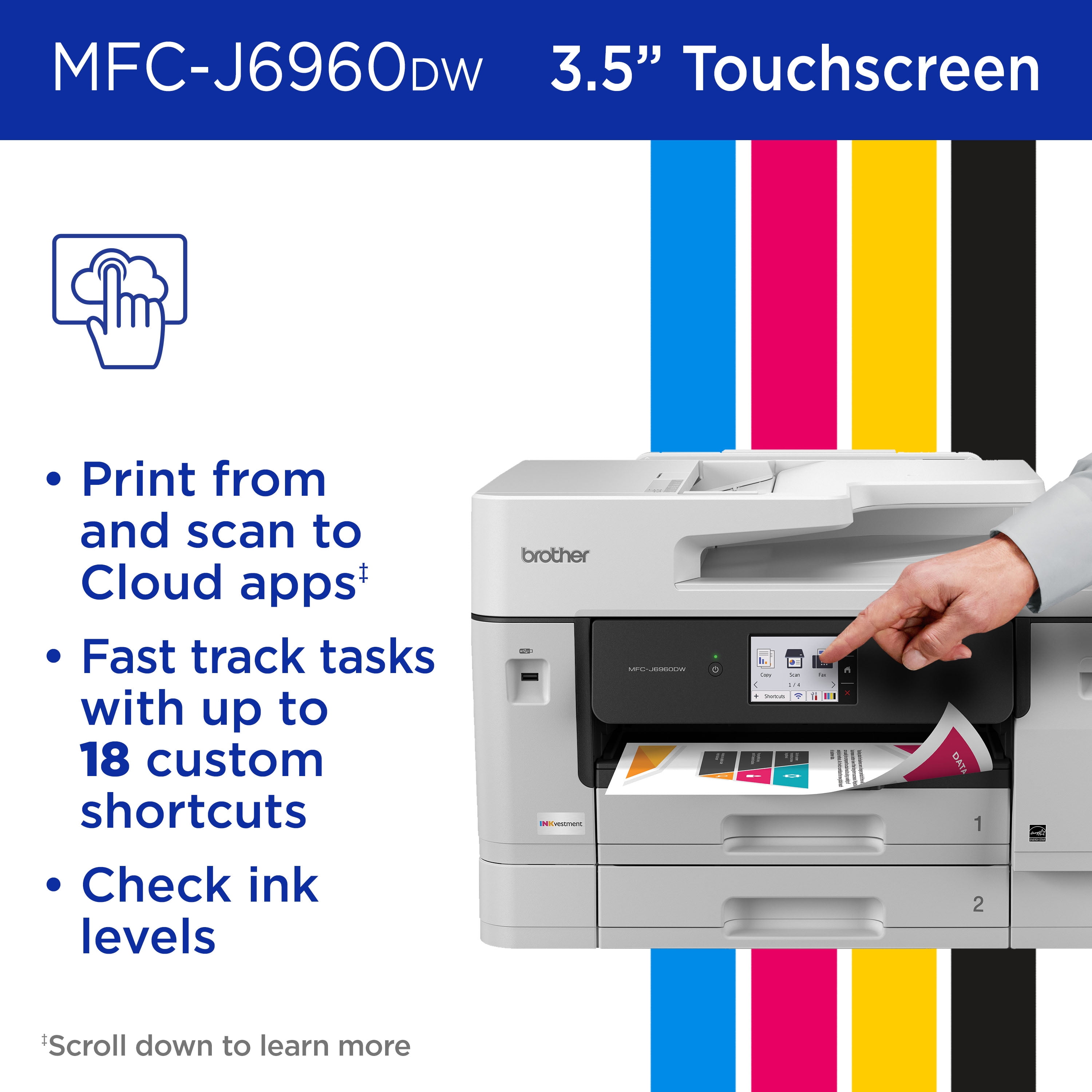 Brother INKvestment MCF-J6960DW Wireless Color Inkjet All-in-One Printer with 11”x17” capabilities and 3.5” Color Touchscreen