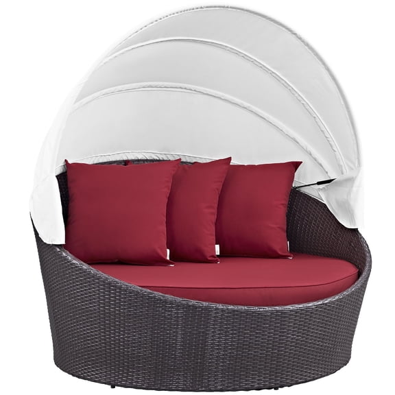 Bowery Hill Canopy Aluminum and Rattan Patio Daybed in Espresso/Red