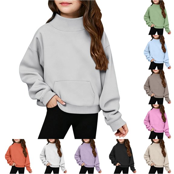 GobdXE Solid Girls Neck Long Sleeve Sweatshirt Kids Front Kangaroo Pocket Loose Casual Pullover Fashion Daily Top