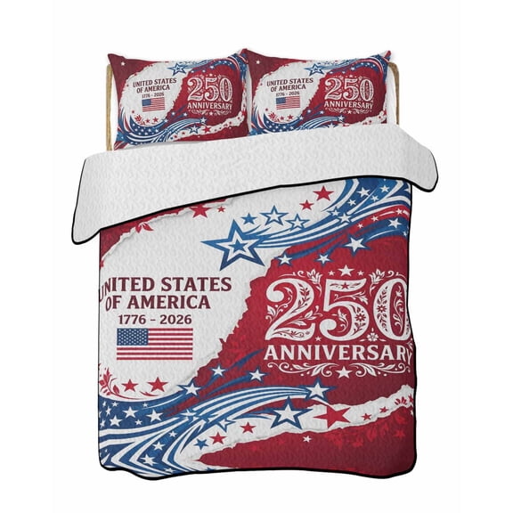 Full Size Quilt Bedding Set, Anniversary USA Reversible Summer Quilt 3 Pieces, 4th of July 1776-2026 American Flag Lightweight Bedspreads Coverlets with 2 Pillow Shams for All Seasons