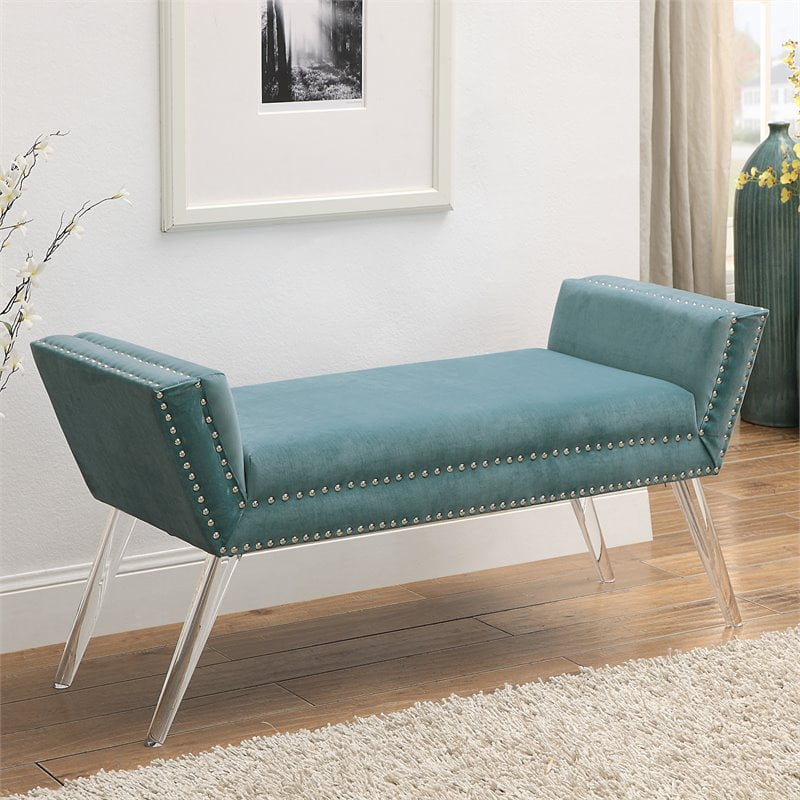 Katherine Slate Blue Velvet Upholstered Bench Acrylic Leg