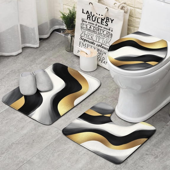 Black White Marble Gold Wave Pattern Bathroom Rugs Sets 3 Piece,Toilet Cover Set,Absorbent Non Slip Bathroom Mats Sets with U-Shaped Contour Rug Toilet Rug Set