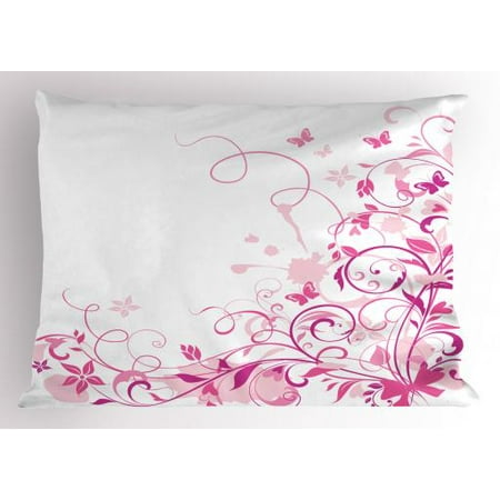 Premium Magenta Rose (Rose Pillow Sham Swirling Leaves with Blossoms and Butterflies Dreamlike Natural Composition, Decorative Standard Queen Size Printed Pillowcase, 30 X 20 Inches, Rose Pink and Magenta, by)