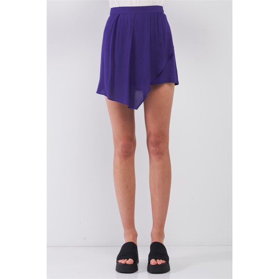 Purple High-waisted Asymmetrical Wrap Pleated Front Mini Skirt M