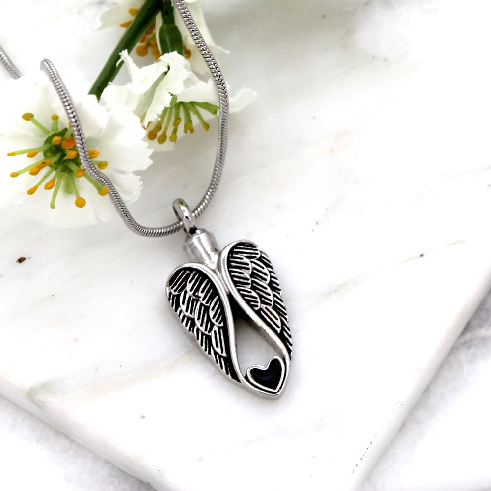 Cremation Jewelry for Ashes Memorial Necklace Ash Urn Keepsake with FREE Funnel Kit and Velvet Jewelry Box-[Vintage Angel Wings]