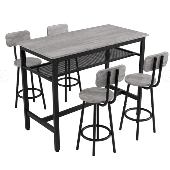 Gearwell Bar Table Set, 5-Piece Gray Counter Height Dining Set with High Breakfast Table and 4 Chairs for Kitchen, Dining Room, Bar, and Small Apartment
