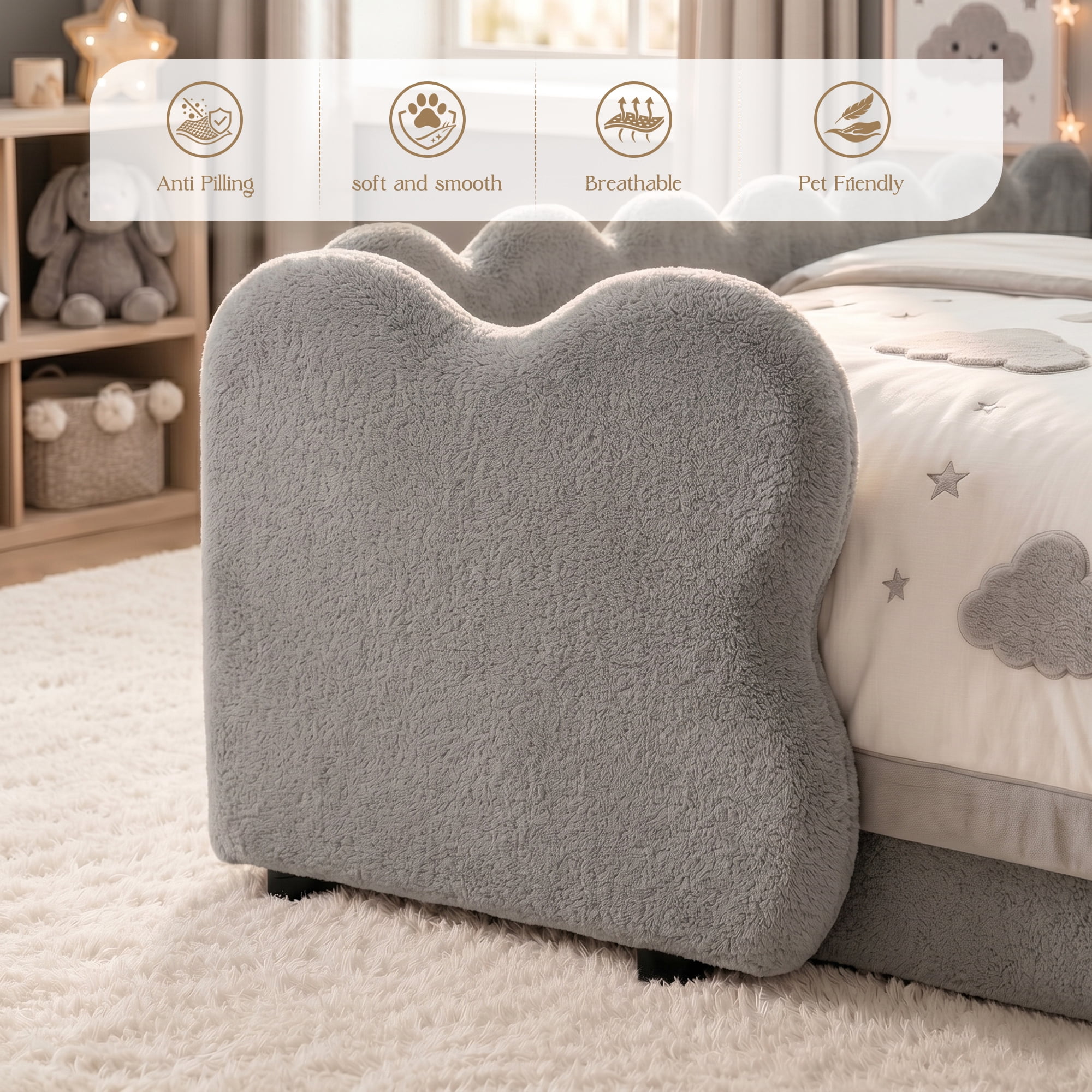 Avobird Twin Size Cute Dinosaur-Shaped Kids Bed with Safety Guardraild, Solid Wood Toddler Bed Frame for Children for Bedroom, Boucle Fabric, Gray
